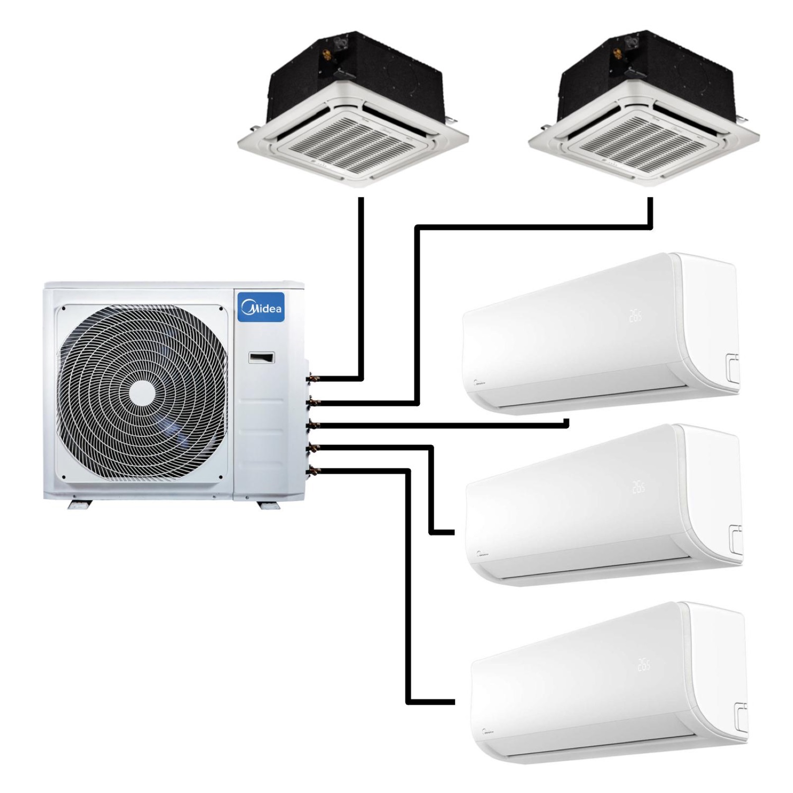 Sistema Multi Split com unidade condensadora, evaporadoras Hi-Wall e cassete